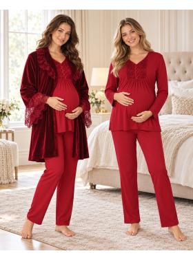 Effortt 8088V Vişne Kadife Sabahlıklı Dantelli Lohusa Pijama Takımı